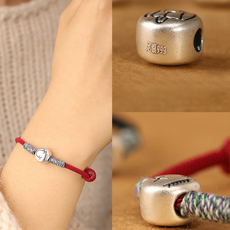 999 Sterling Silver Chinese Zodiac Horse Braided Red String Bracelet