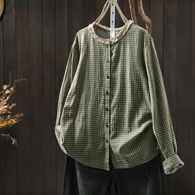 Tactile Cotton Stand-Collar Plaid Mindful Shirt
