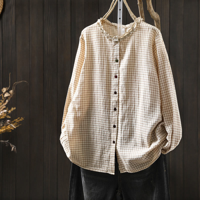 Tactile Cotton Stand-Collar Plaid Mindful Shirt