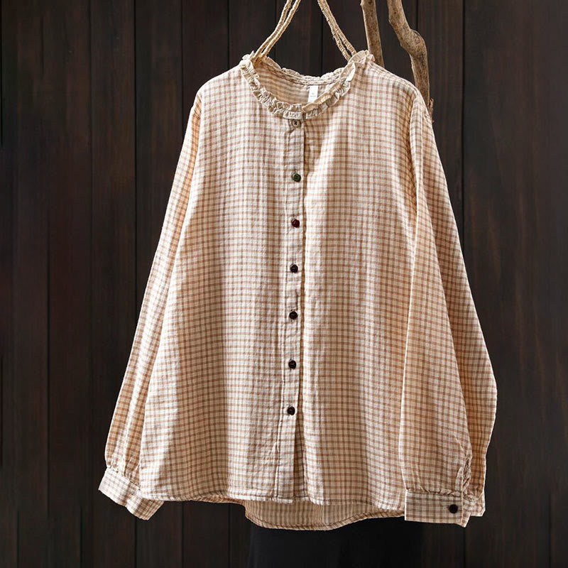 Tactile Cotton Stand-Collar Plaid Mindful Shirt
