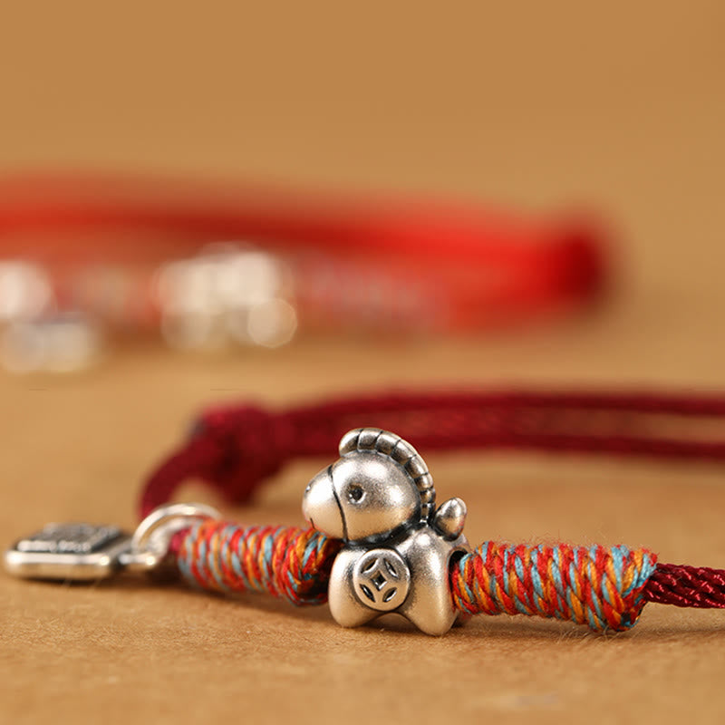 999 Sterling Silver Year of the Horse Fu Character Braided Red String Bracelet
