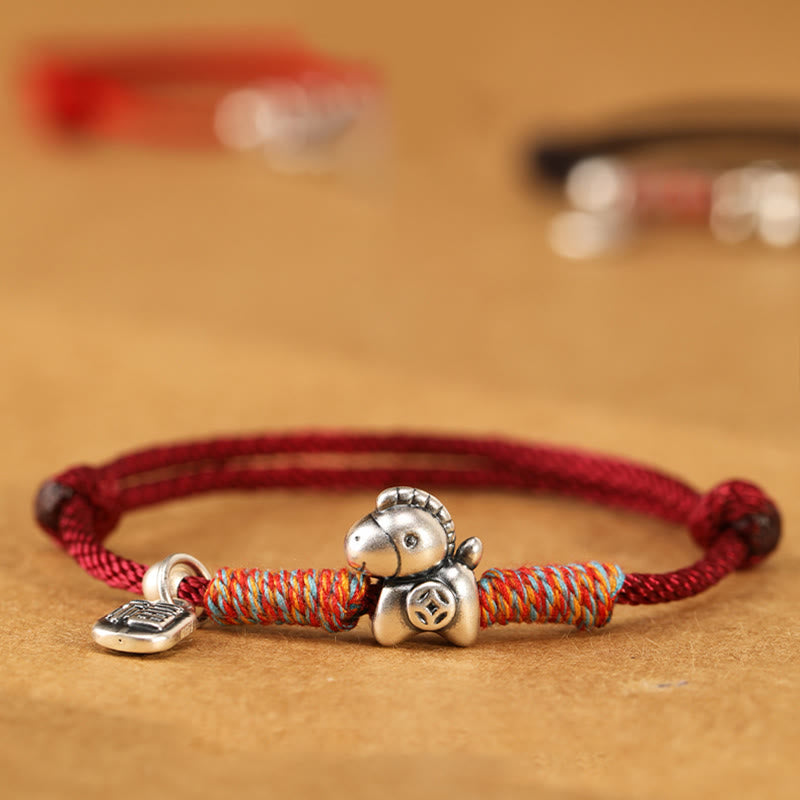 999 Sterling Silver Year of the Horse Fu Character Braided Red String Bracelet