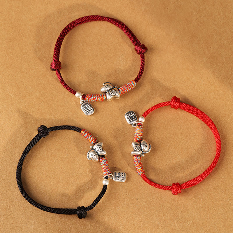 999 Sterling Silver Year of the Horse Fu Character Braided Red String Bracelet