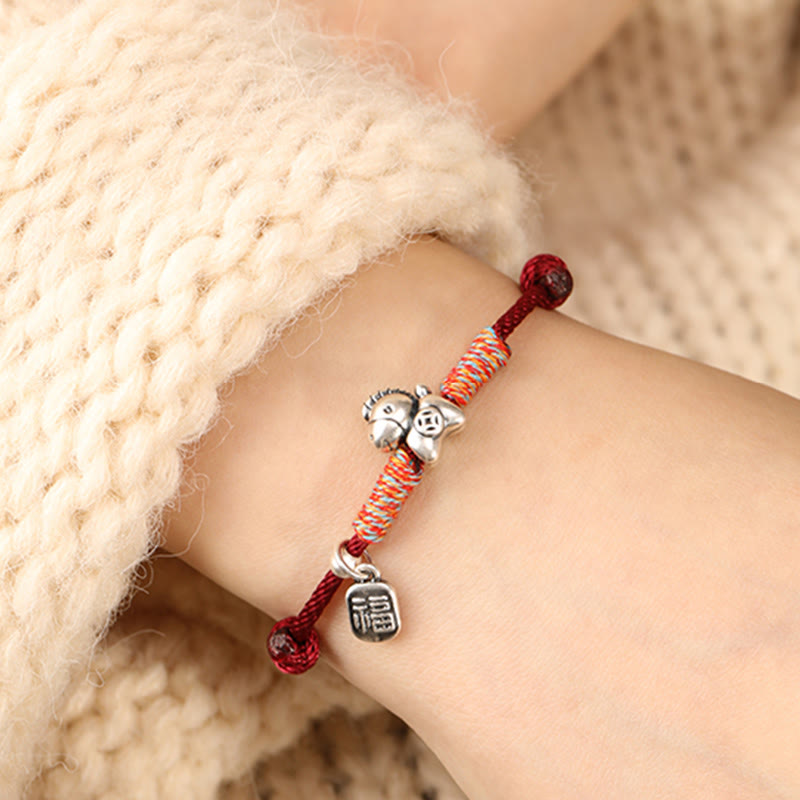 999 Sterling Silver Year of the Horse Fu Character Braided Red String Bracelet