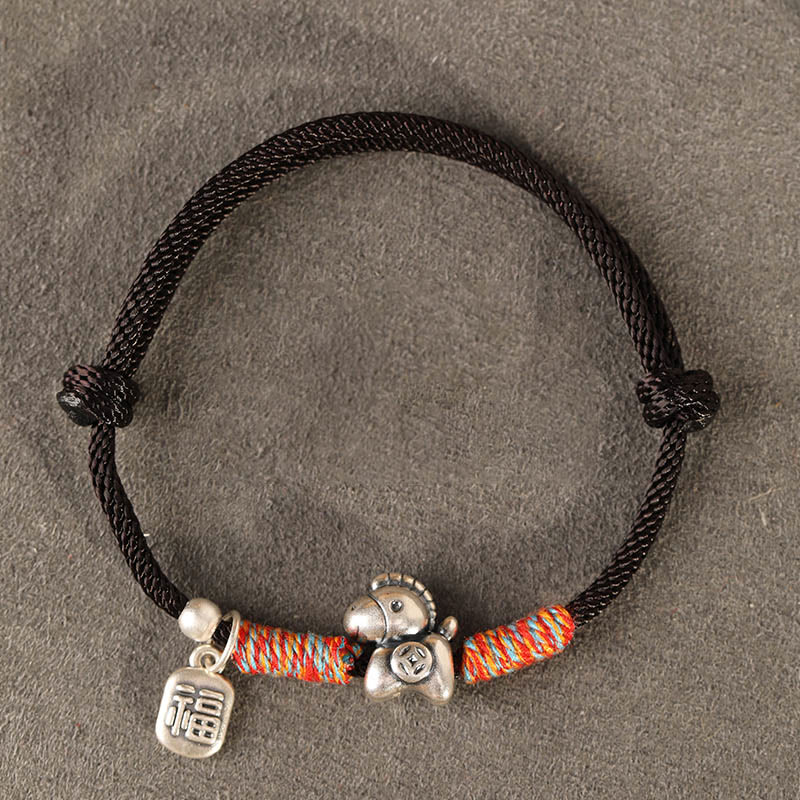999 Sterling Silver Year of the Horse Fu Character Braided Red String Bracelet