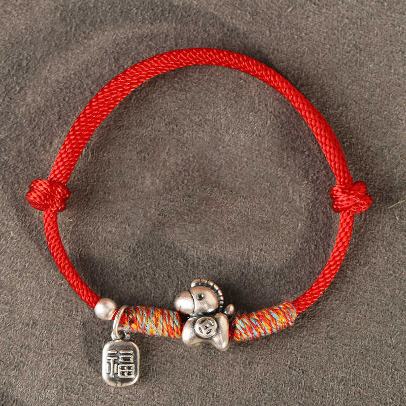 999 Sterling Silver Year of the Horse Fu Character Braided Red String Bracelet