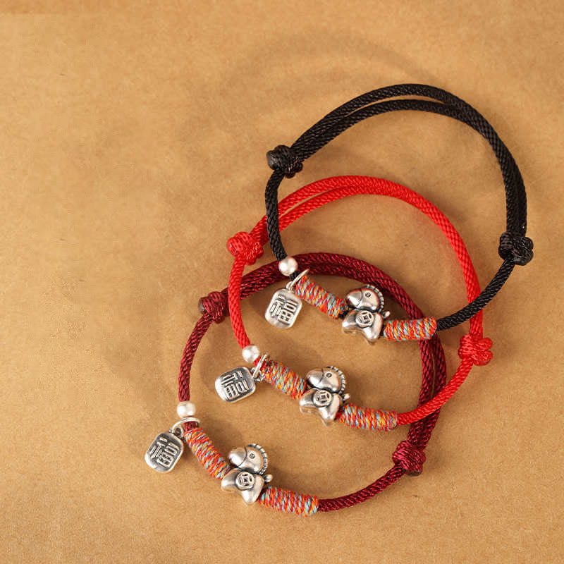 999 Sterling Silver Year of the Horse Fu Character Braided Red String Bracelet