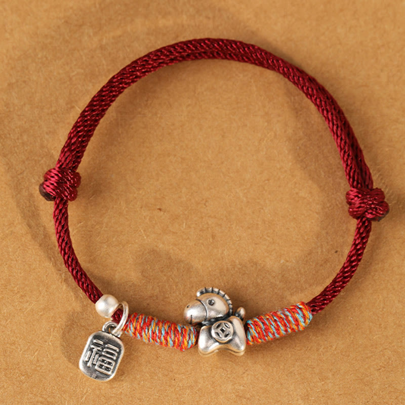 999 Sterling Silver Year of the Horse Fu Character Braided Red String Bracelet