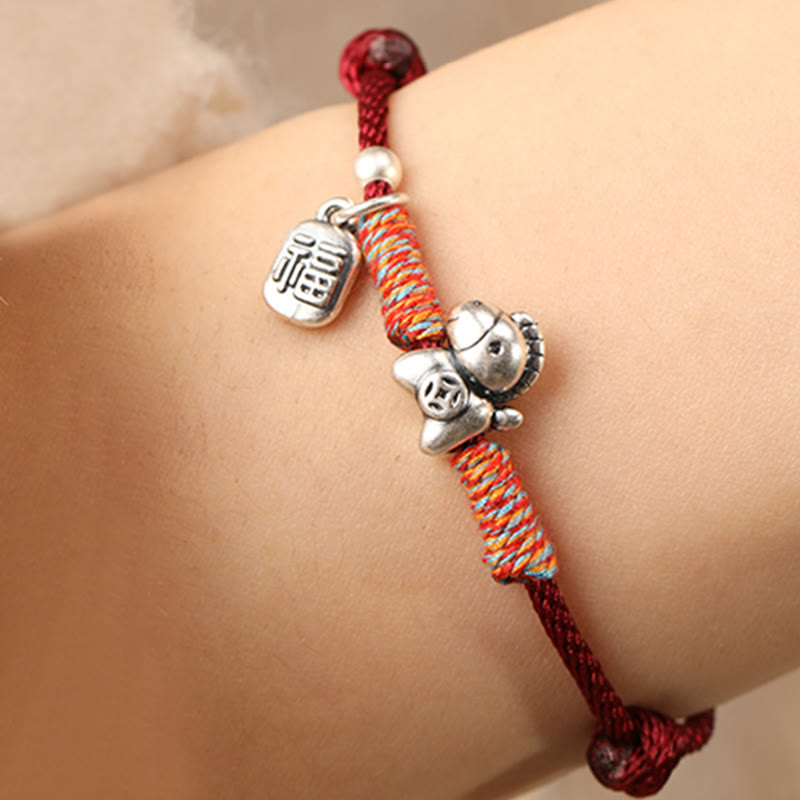 999 Sterling Silver Year of the Horse Fu Character Braided Red String Bracelet