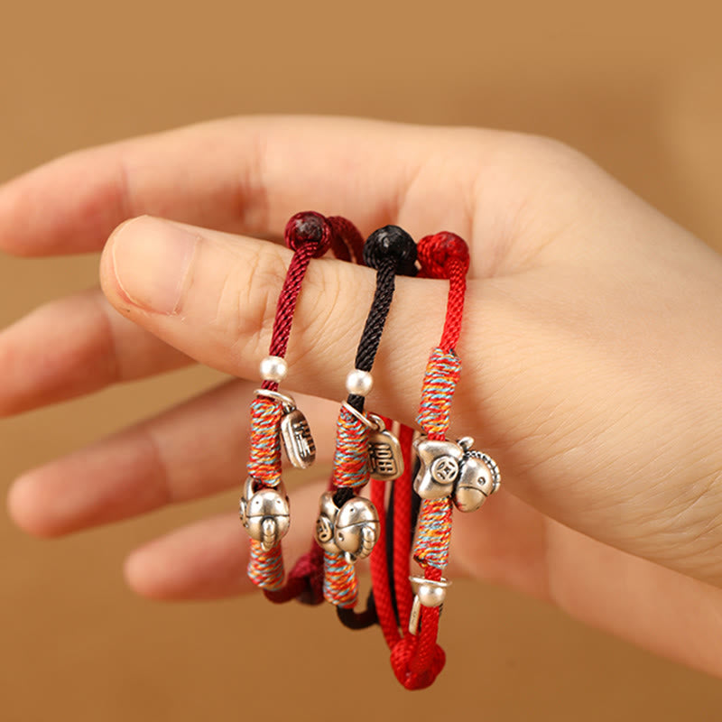 999 Sterling Silver Year of the Horse Fu Character Braided Red String Bracelet