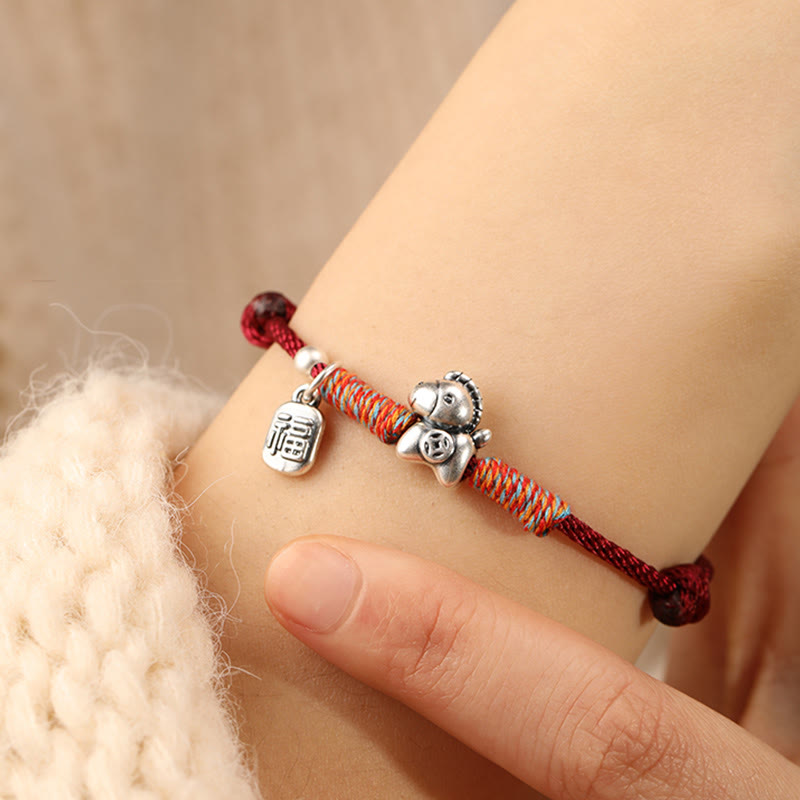 999 Sterling Silver Year of the Horse Fu Character Braided Red String Bracelet