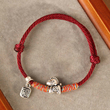 999 Sterling Silver Year of the Horse Fu Character Braided Red String Bracelet