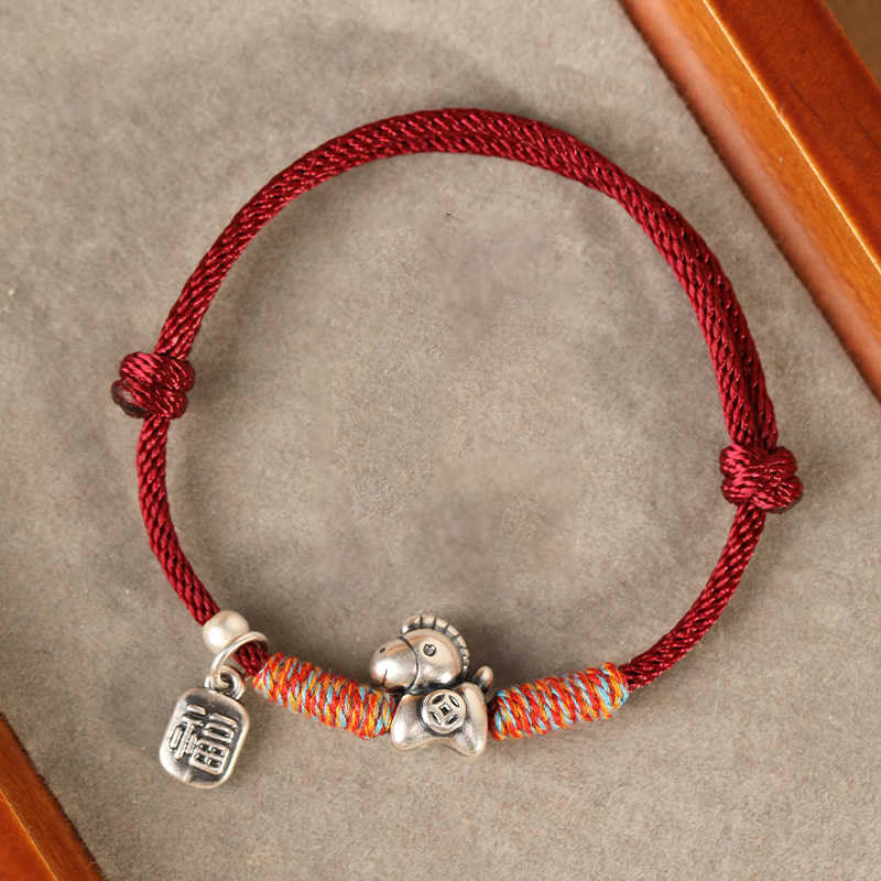 999 Sterling Silver Year of the Horse Fu Character Braided Red String Bracelet