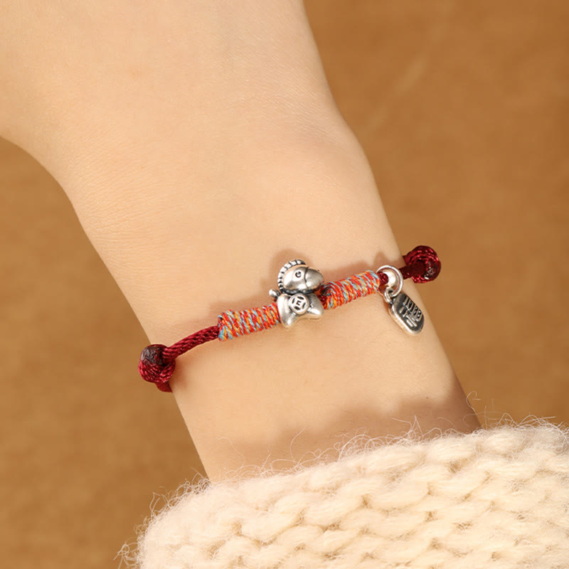 999 Sterling Silver Year of the Horse Fu Character Braided Red String Bracelet