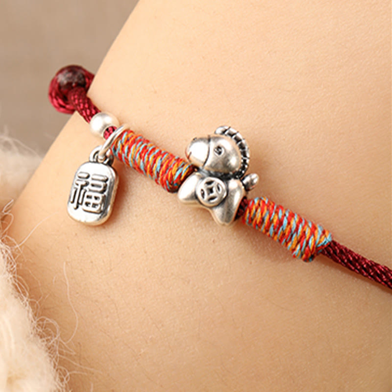 999 Sterling Silver Year of the Horse Fu Character Braided Red String Bracelet