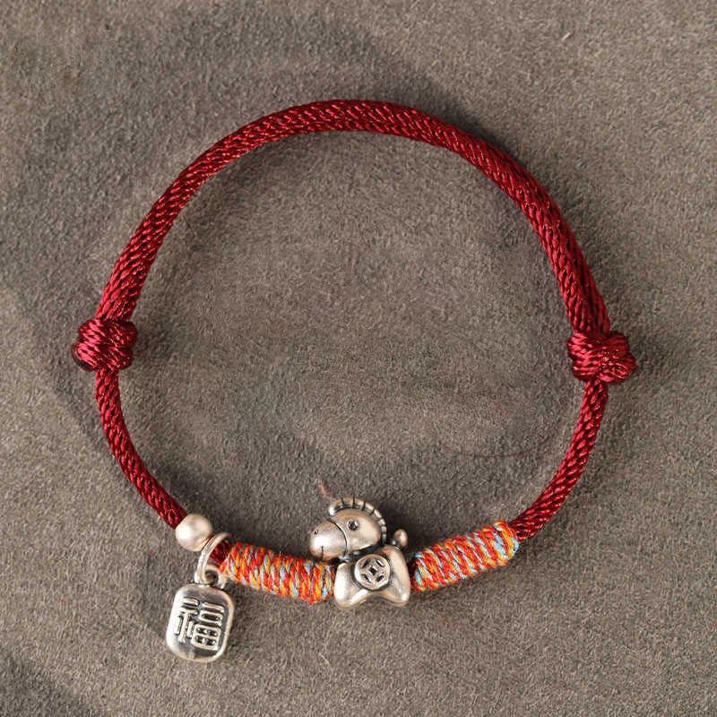 999 Sterling Silver Year of the Horse Fu Character Braided Red String Bracelet