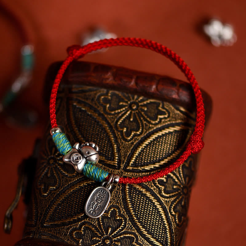 Braided Red String Horse Charm Bracelet Anklet in 999 Sterling Silver