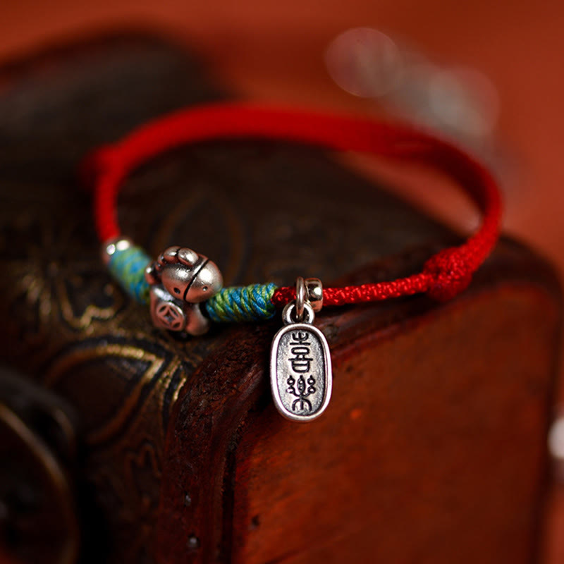 Braided Red String Horse Charm Bracelet Anklet in 999 Sterling Silver