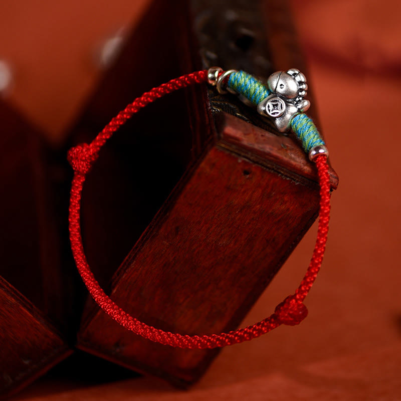 Braided Red String Horse Charm Bracelet Anklet in 999 Sterling Silver