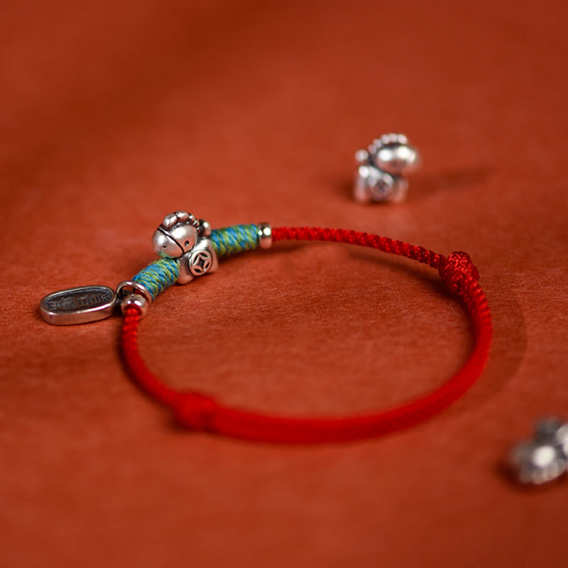 Braided Red String Horse Charm Bracelet Anklet in 999 Sterling Silver