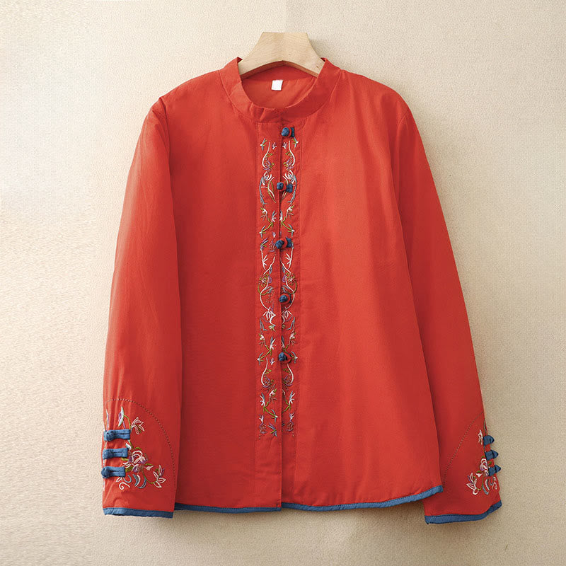 Winter Flower Embroidery Frog-Button Long Sleeve Women's Thermal Jacket