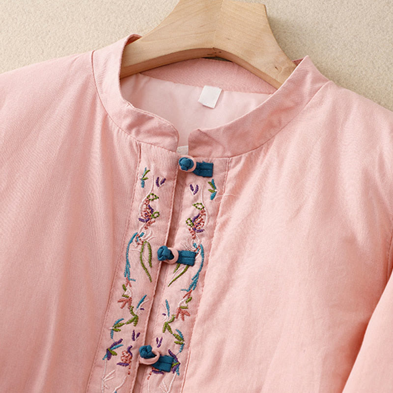 Winter Flower Embroidery Frog-Button Long Sleeve Women's Thermal Jacket