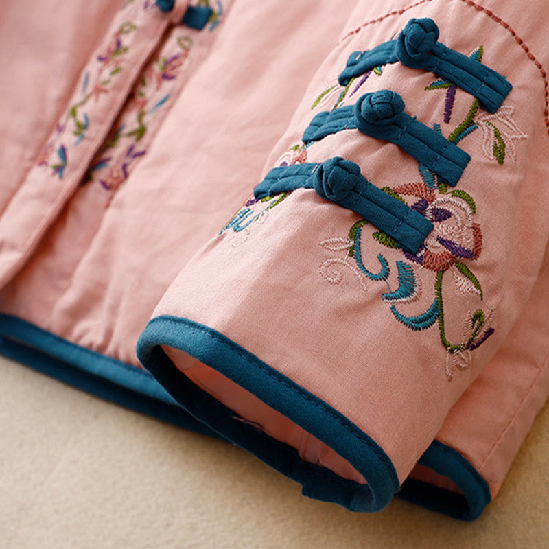 Winter Flower Embroidery Frog-Button Long Sleeve Women's Thermal Jacket