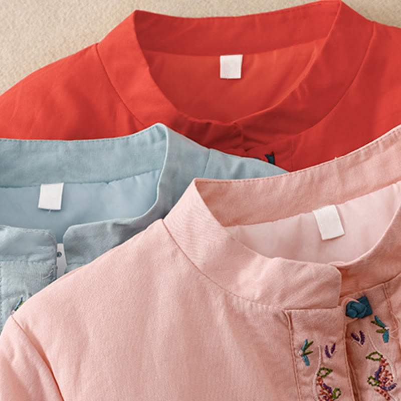 Winter Flower Embroidery Frog-Button Long Sleeve Women's Thermal Jacket