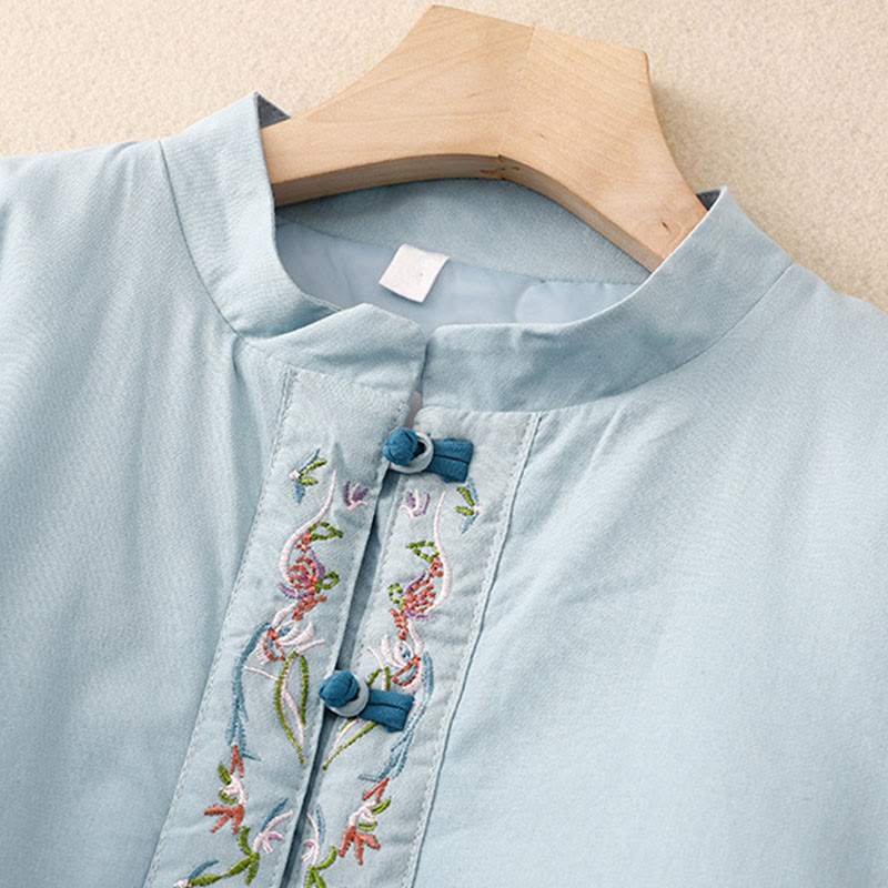 Winter Flower Embroidery Frog-Button Long Sleeve Women's Thermal Jacket