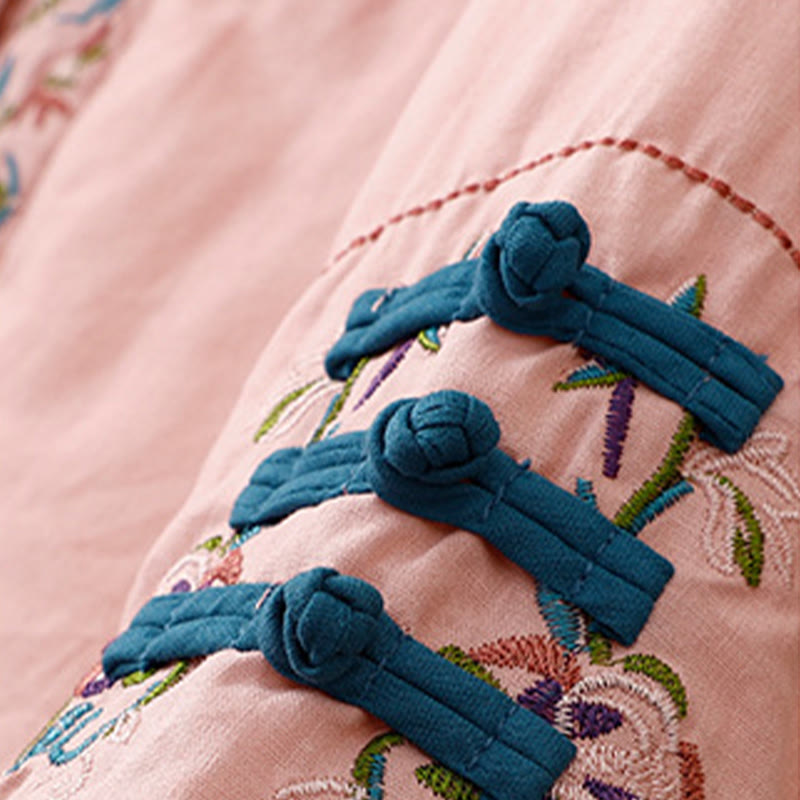 Winter Flower Embroidery Frog-Button Long Sleeve Women's Thermal Jacket