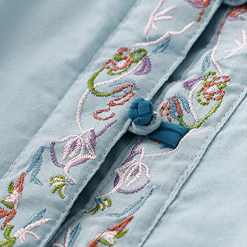 Winter Flower Embroidery Frog-Button Long Sleeve Women's Thermal Jacket