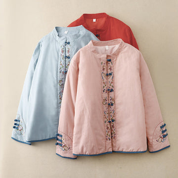 Winter Flower Embroidery Frog-Button Long Sleeve Women's Thermal Jacket