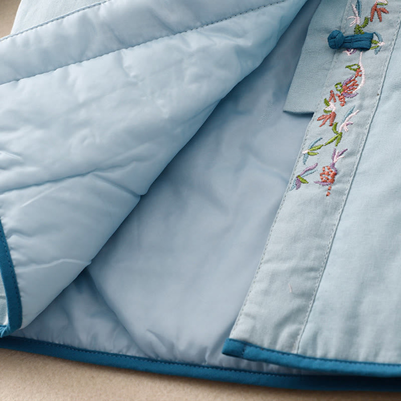 Winter Flower Embroidery Frog-Button Long Sleeve Women's Thermal Jacket