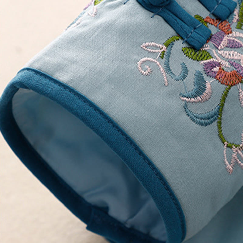 Winter Flower Embroidery Frog-Button Long Sleeve Women's Thermal Jacket