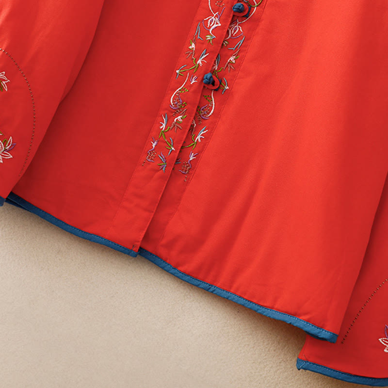 Winter Flower Embroidery Frog-Button Long Sleeve Women's Thermal Jacket