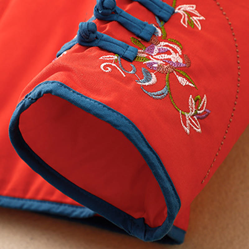 Winter Flower Embroidery Frog-Button Long Sleeve Women's Thermal Jacket