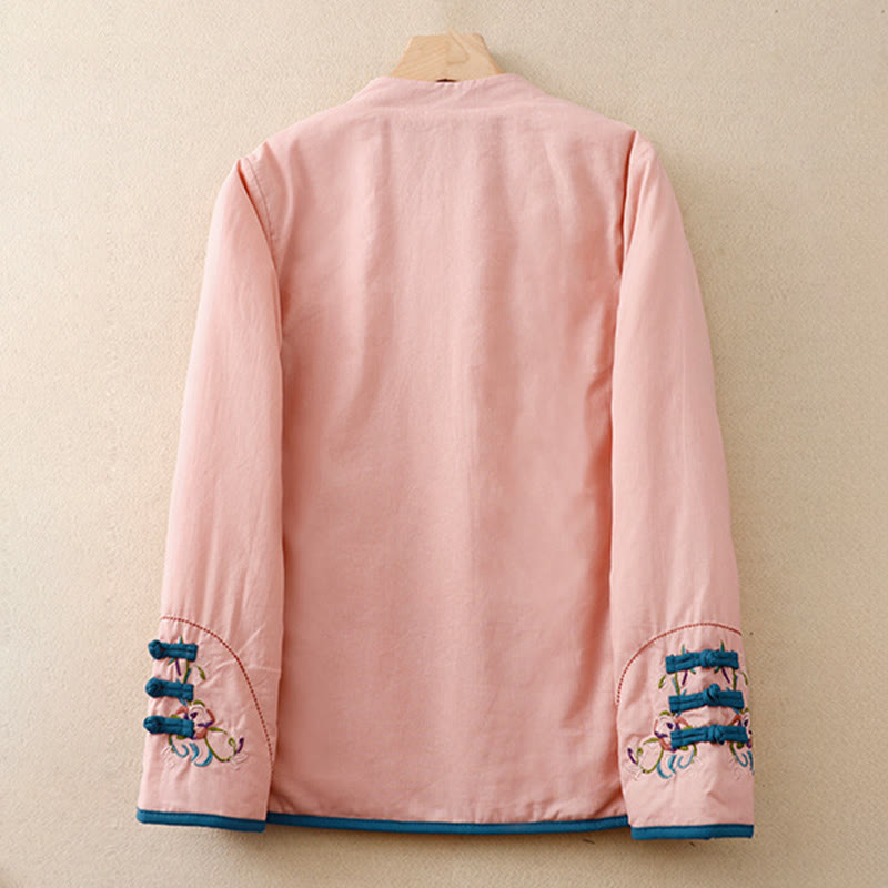 Winter Flower Embroidery Frog-Button Long Sleeve Women's Thermal Jacket