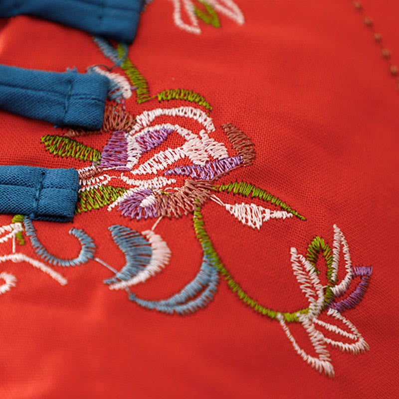 Winter Flower Embroidery Frog-Button Long Sleeve Women's Thermal Jacket