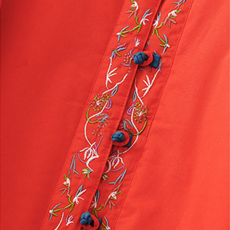 Winter Flower Embroidery Frog-Button Long Sleeve Women's Thermal Jacket