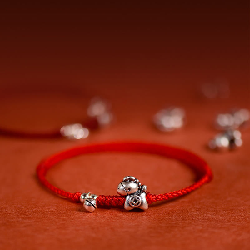 Handmade 999 Sterling Silver Year of the Horse Ritual Bell Red String Bracelet Anklet for All Ages
