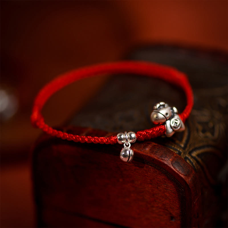 Handmade 999 Sterling Silver Year of the Horse Ritual Bell Red String Bracelet Anklet for All Ages