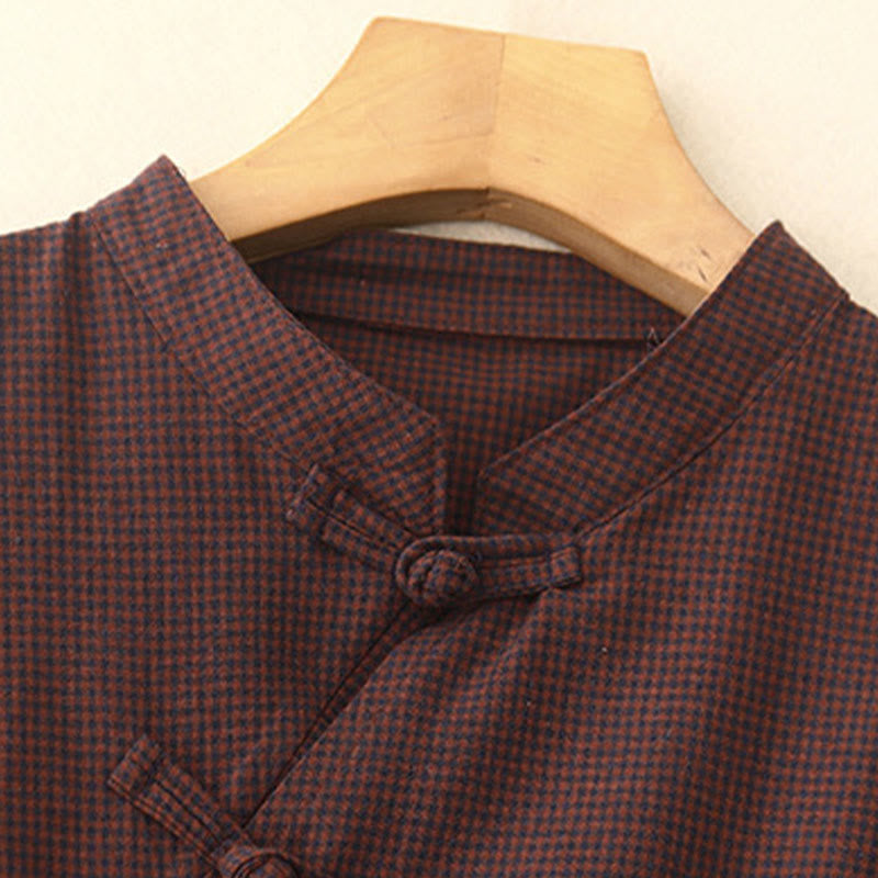 Plaid Stand Collar Long Sleeve Midi Dress with Pockets
