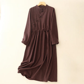 Plaid Stand Collar Long Sleeve Midi Dress with Pockets