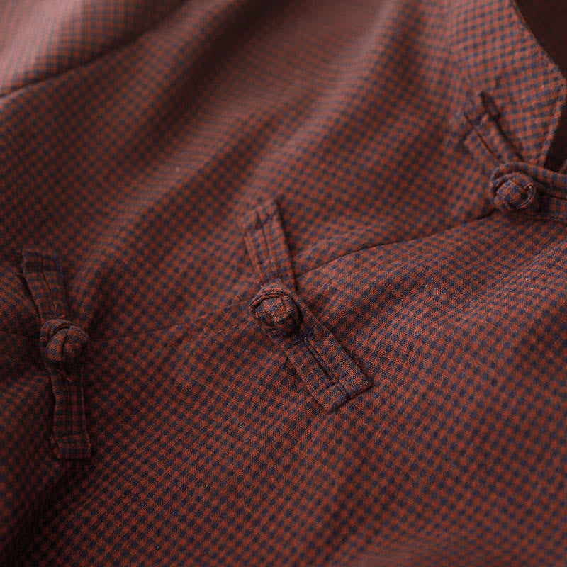 Plaid Stand Collar Long Sleeve Midi Dress with Pockets