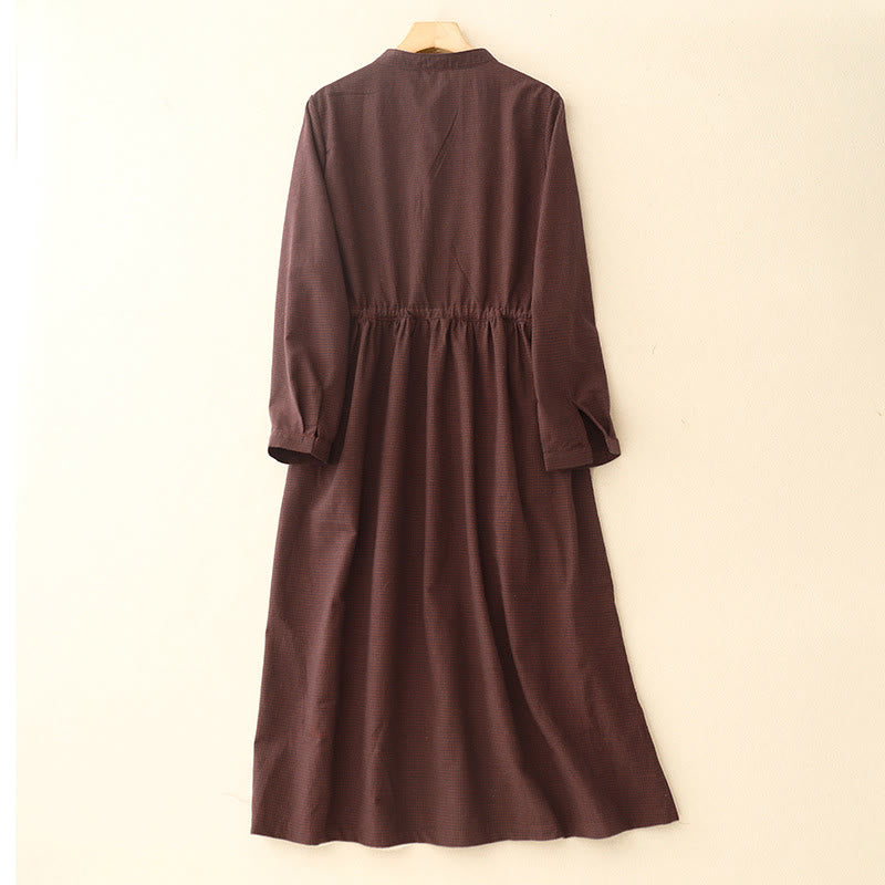 Plaid Stand Collar Long Sleeve Midi Dress with Pockets