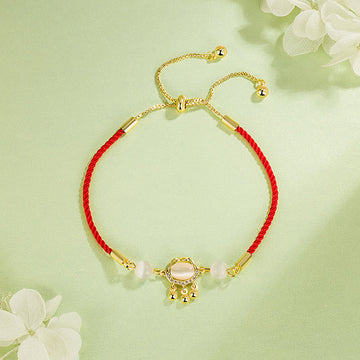 Red String Longevity Lock Charm Bracelet with Cat's Eye and Copper Plated Gold