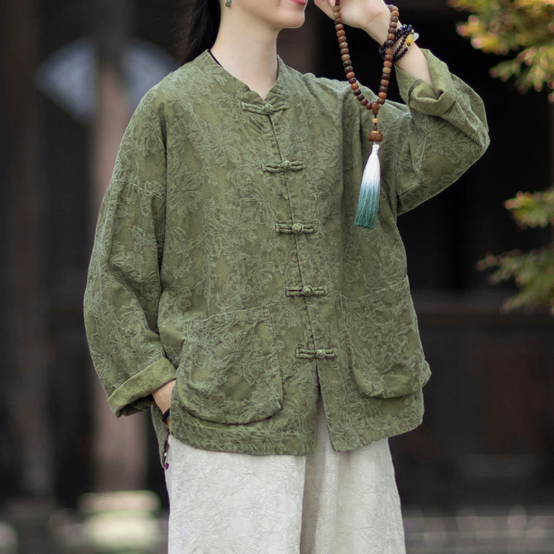 Tactile Cotton Linen Jacquard Frog-Button Women's Meditation Set