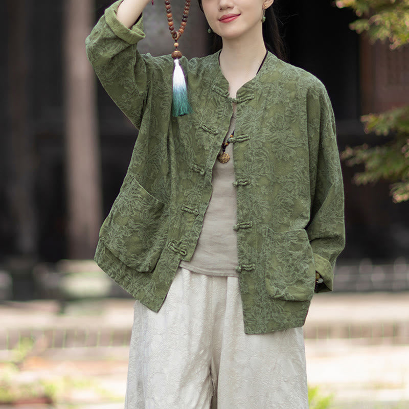 Tactile Cotton Linen Jacquard Frog-Button Women's Meditation Set