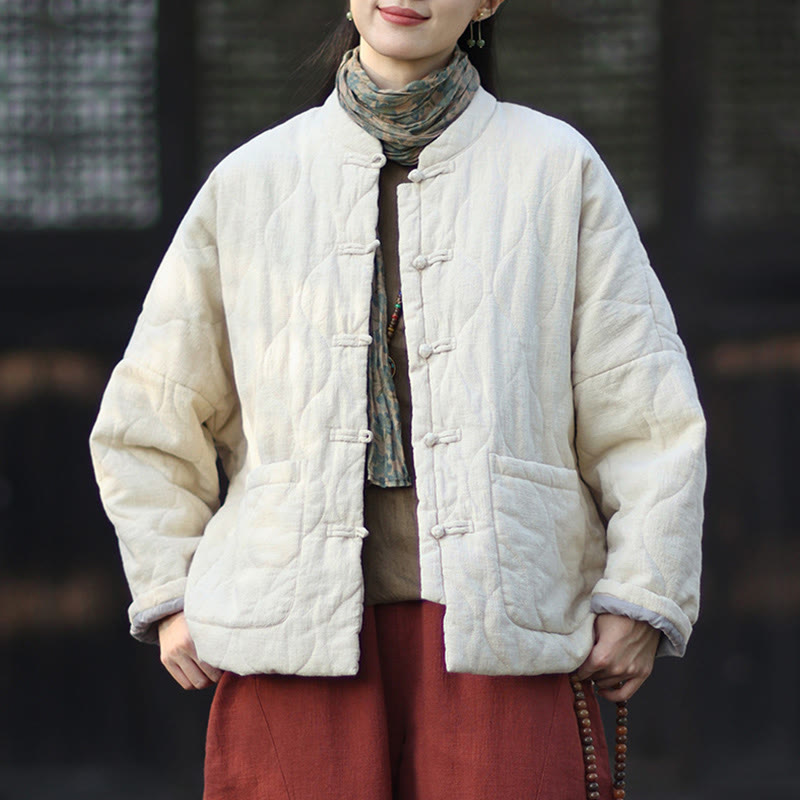 Winter Curved Lines Frog-Button Ramie Cotton Long Sleeve Women's Thermal Jacket With Pockets