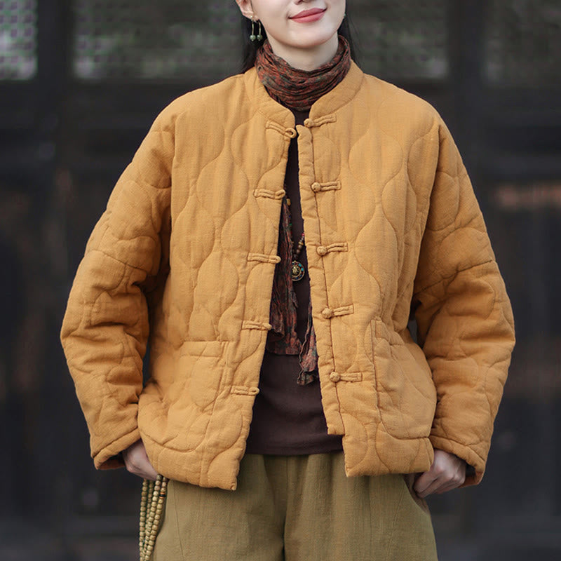 Winter Curved Lines Frog-Button Ramie Cotton Long Sleeve Women's Thermal Jacket With Pockets